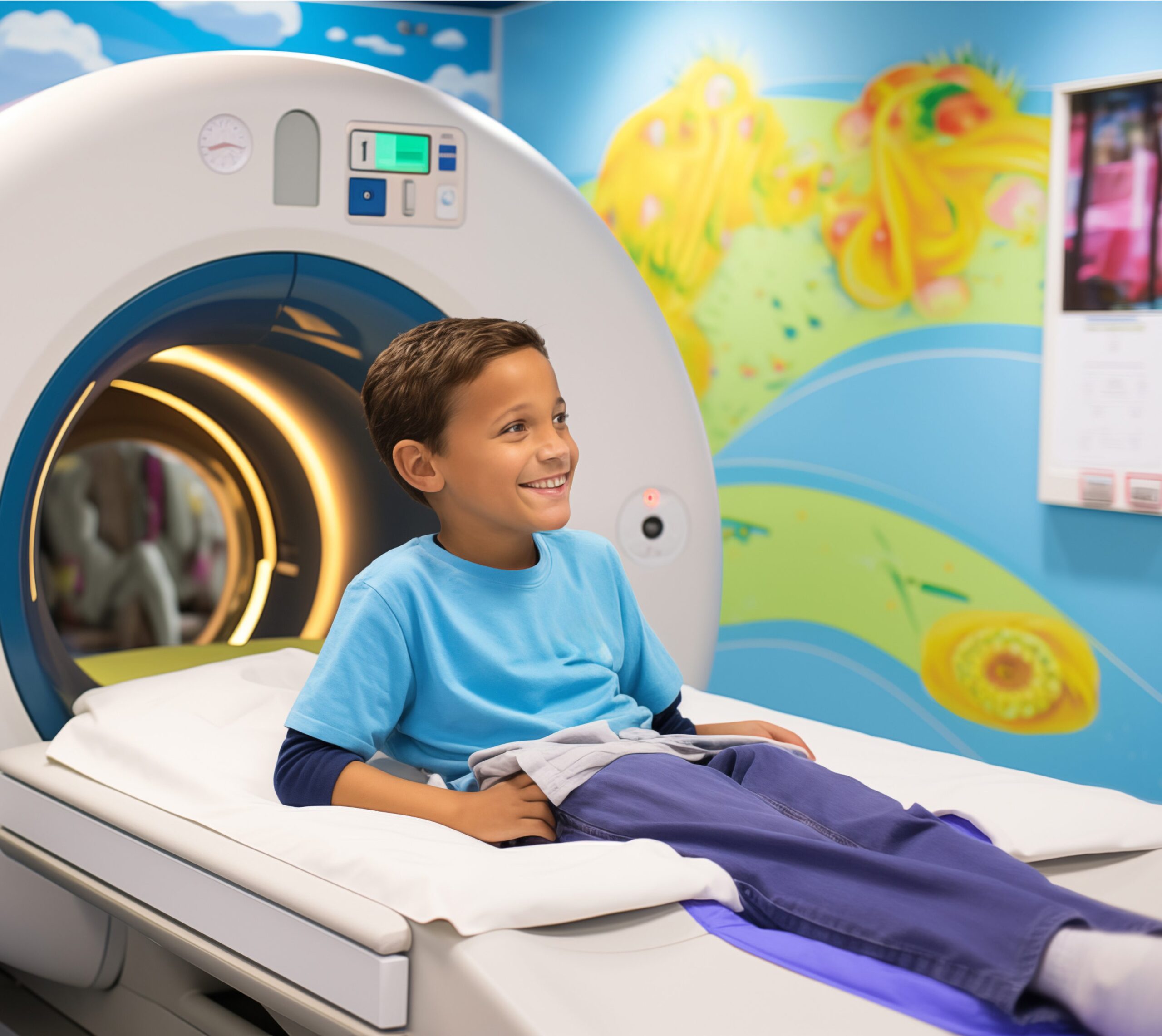 Enfant allongé sur une table de scanner médical dans une salle colorée - Scanner pédiatrique | Imagerie Cardinet | Région Parisienne