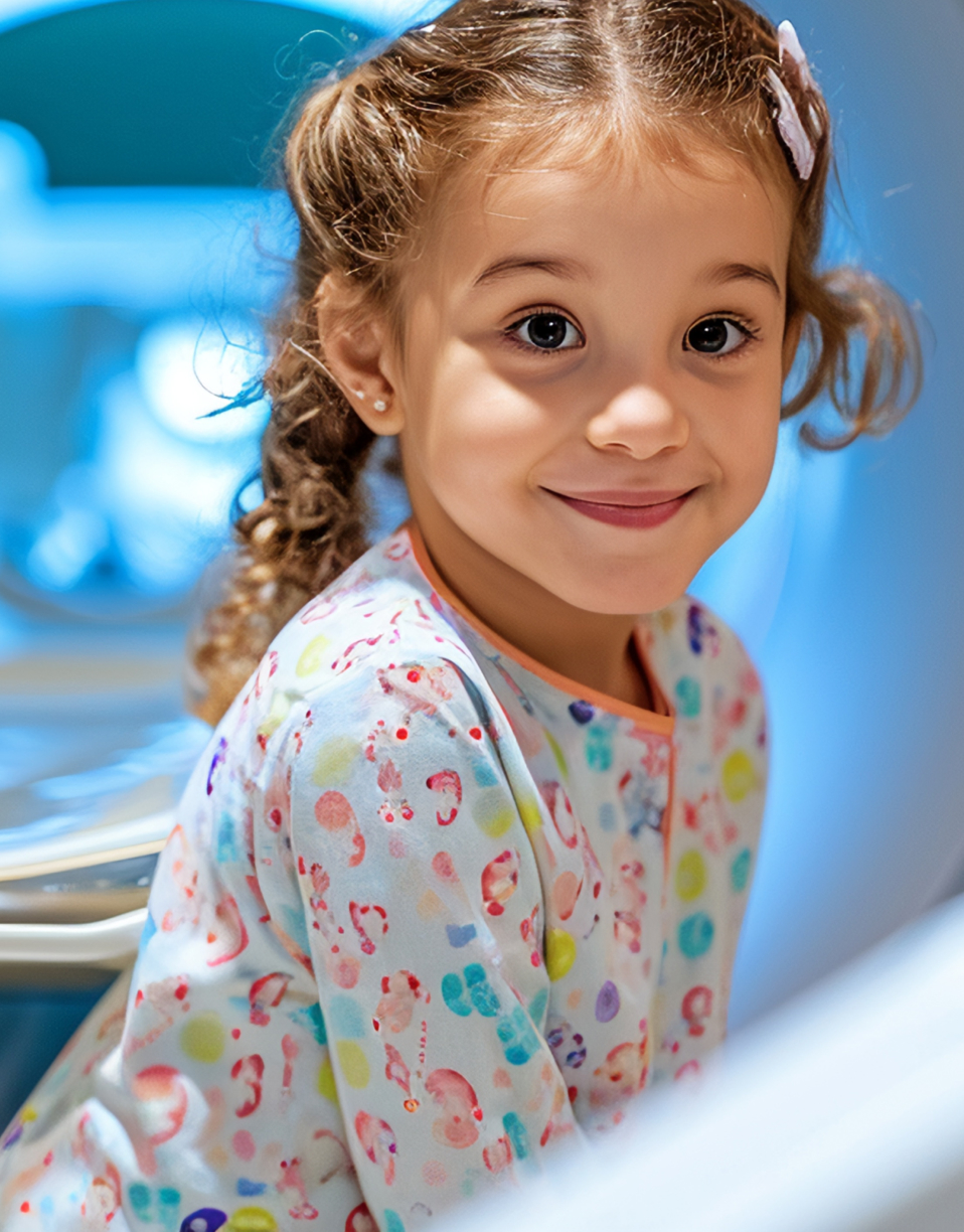 Petite fille souriante en pyjama colorés - IRM chez l'enfant | Imagerie Cardinet | Région Parisienne