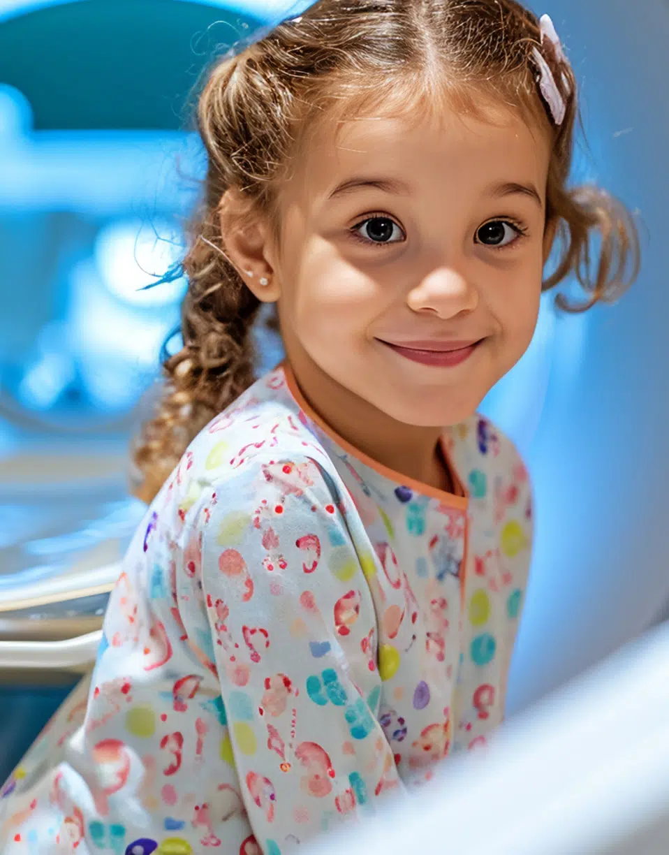 Petite fille souriante en pyjama colorés - IRM chez l'enfant | Imagerie Cardinet | Région Parisienne
