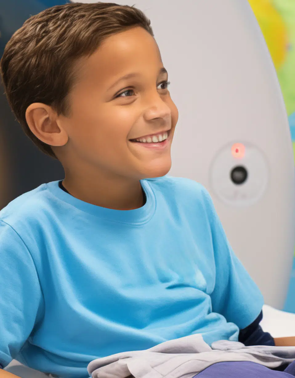 Enfant en t shirt bleu est assis devant un appareil médical - Scanner pédiatrique | Imagerie Cardinet | Région Parisienne